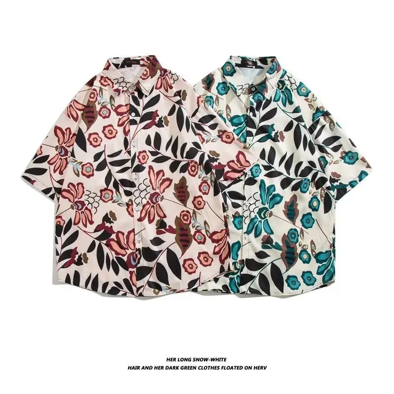 

Vintage printed short sleeve shirt men's and women's loose beach couple shirt coat