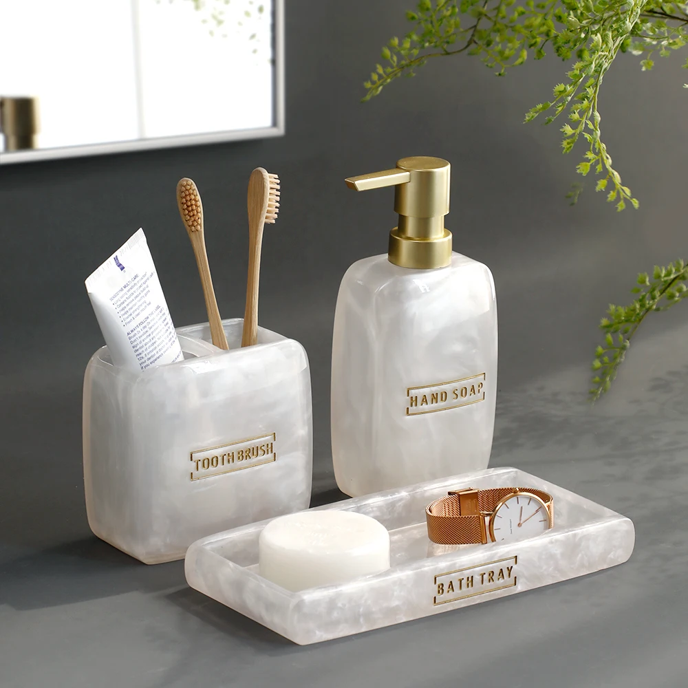 Bathroom Vanity Countertop Accessory Set Soap Dispenser Toothbrush Holder Set Tray Bathroom Accessories White Pearl Look bathroom accessories set,soap dispenser