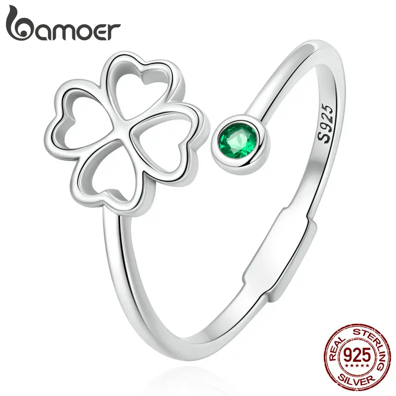 

Bamoer 925 Sterling Silver Pavé Sparkling CZ Luxurious Clover Open Ring for Female Adjustable Ring Matching Bridal Wedding Gifts