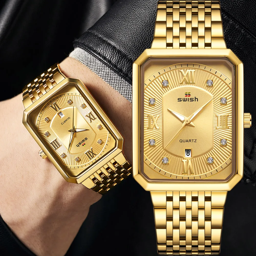 

Sdotter Luxury Golden Watches Men Top Brand Designer Quartz Wristwatches Creative Rectangle Diamond Watch Waterproof Relogio Mas