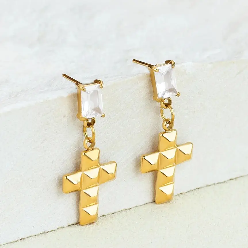 Stainless Steel Zircon Cross Stud Earrings Gold Color Anti Fading