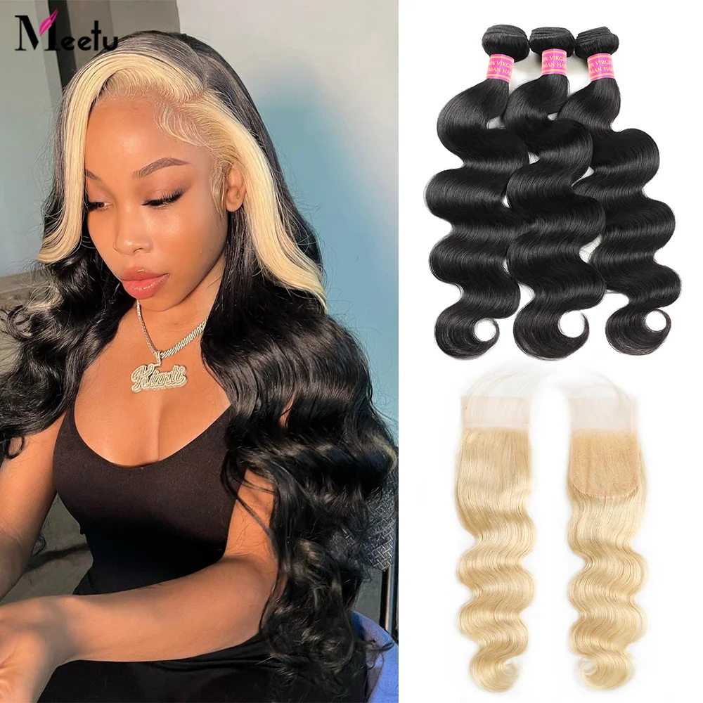 

Meetu Body Wave Bundles With Closure 613 Lace Closure and Bundles Natural Color Human Hair Bundles with 613 Blonde Lace Closure