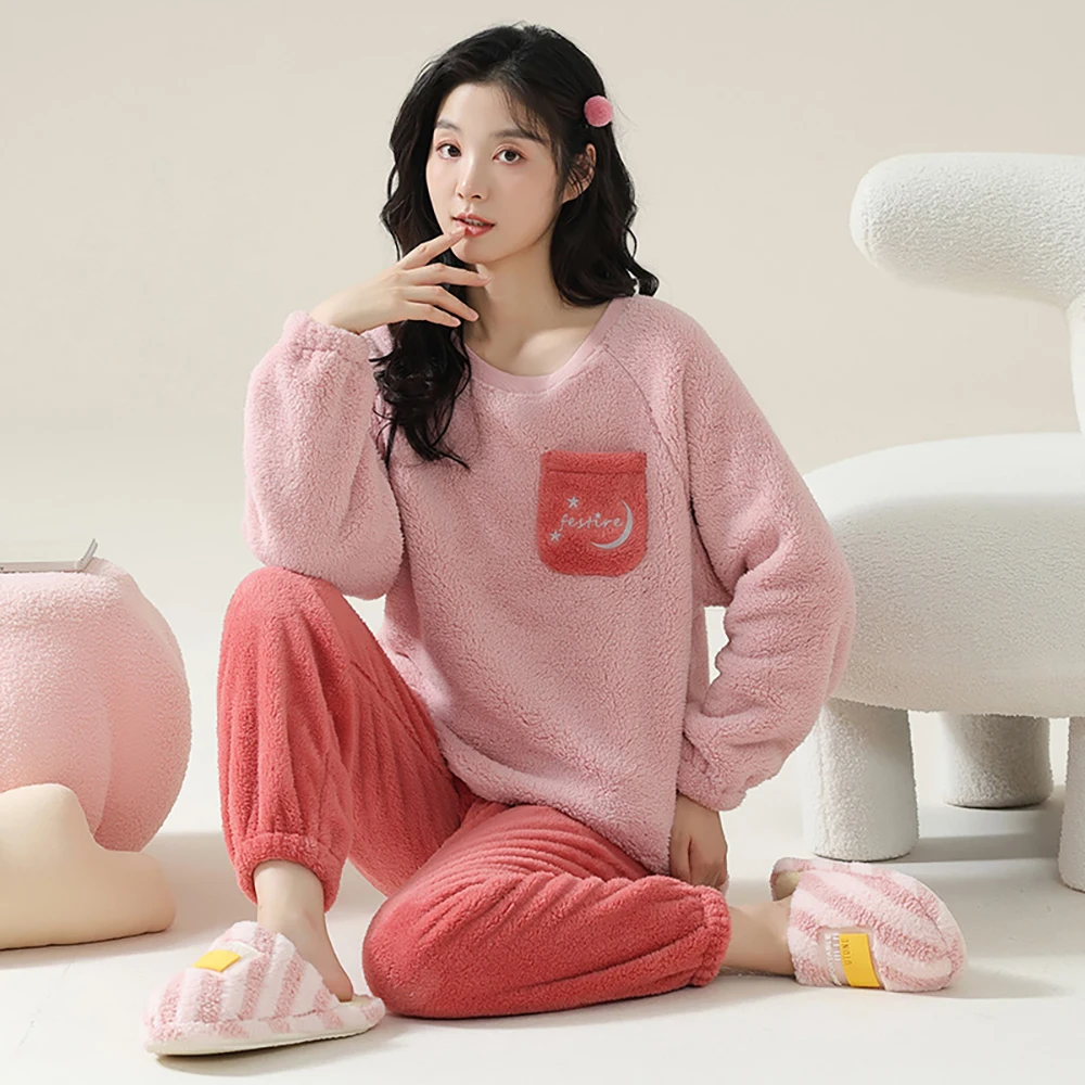 School Style Cute Girl Sleepwear for Sleeping Pajama Woman Winter Double-side Thicken Flannel Pajamas Set Warm Windproof Pijama