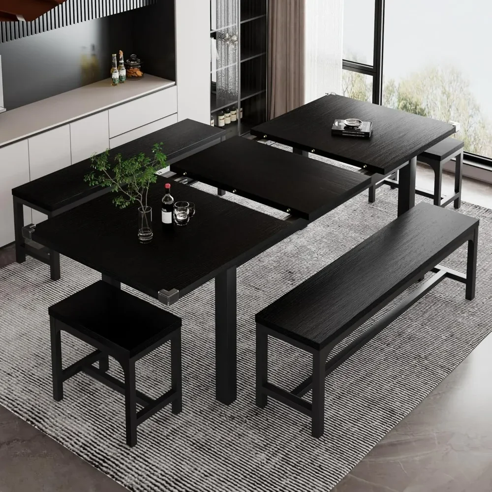 Dining Table Set.5-Piece Dining Table Set for 4-8 People, Extendable Kitchen Set with 2 Benches and 2 Square Stools