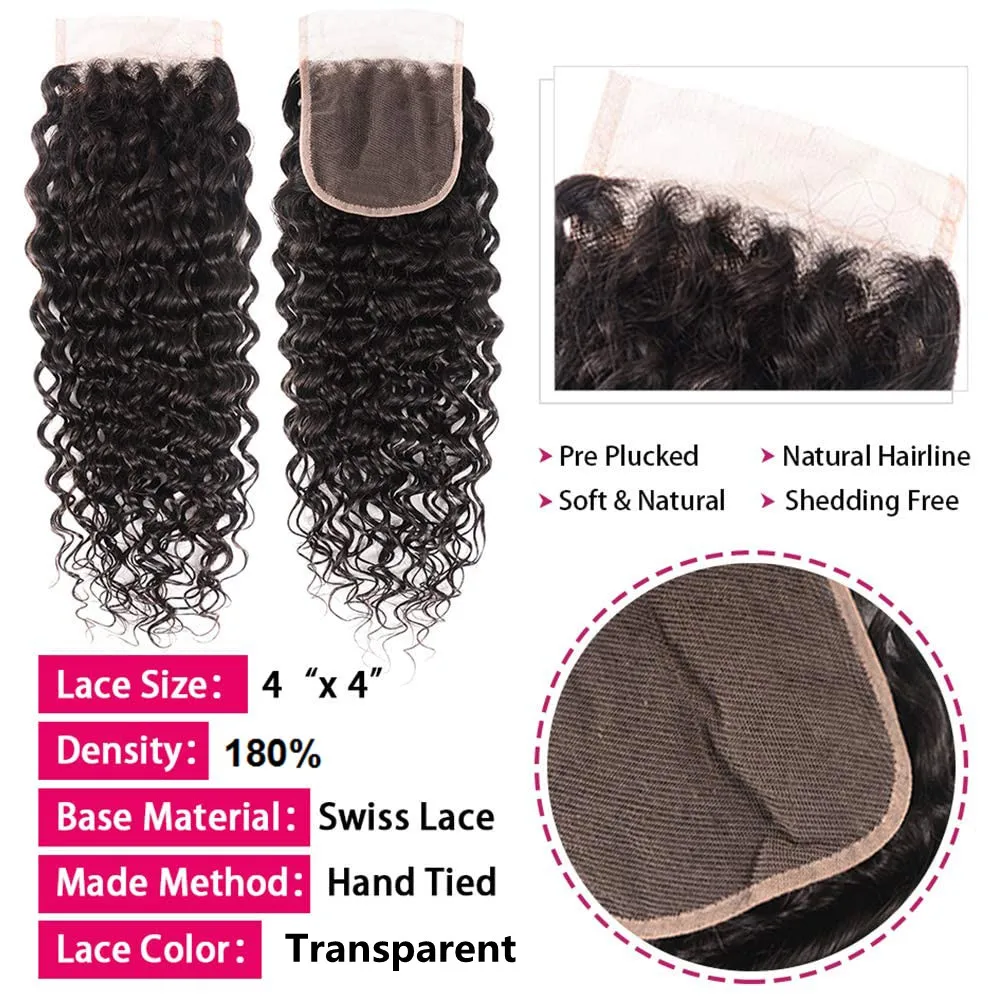 BAFU Brazilian Water Wave Human Hair Bundles With Closure 3 Bundles With 4X4 Lace Closure Natural Color For Black Women