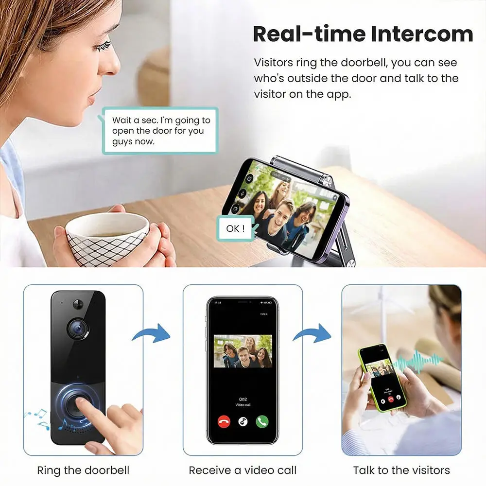 DB2 간편 설치 가정용 무선 와이파이 1080p 배터리 충전식 도어벨 인터폰 카메라 비디오 도어벨