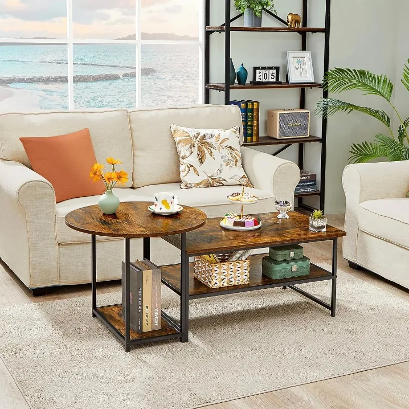 Coffee Table, Mid Century Modern Coffee Table for Living Room Rustic Farmhouse Center Table 2 in 1Detachable Table Set 2