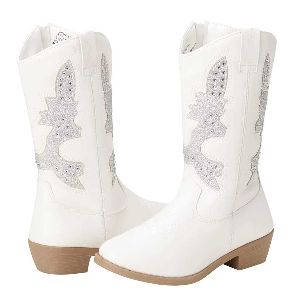 Unishuni Girls Boots Child White Boots Kids Heeled Keen-High Leather Boots Cowboy Boots for Girl Western Rhinestone Glitter Boot