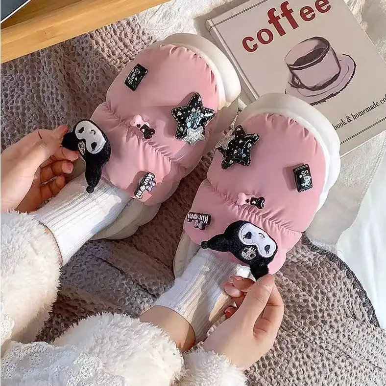 

New Sanrios Warmth Slippers Cute Girl Kuromi Winter Cotton Preservation Home Plush Slippers Outdoor Anti Slip Cotton Shoes