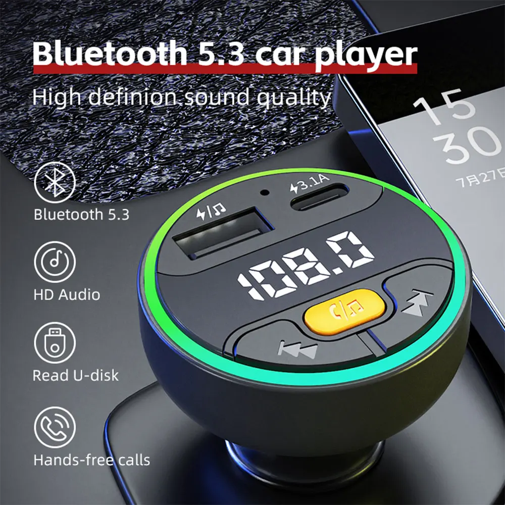 Car FM Transmitter Bluetooth 5.3 Handsfree Wireless Car Kit USB C Car Charger Auto Radio Fm Modulator Mp3 Player Adapter 2
