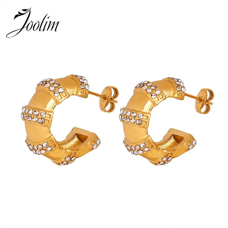 

Joolim Jewelry High Quality PVD Wholesale Chunky Statement Luxury Clear&Green Zirconia Hoop Stainless Steel Earring for Women