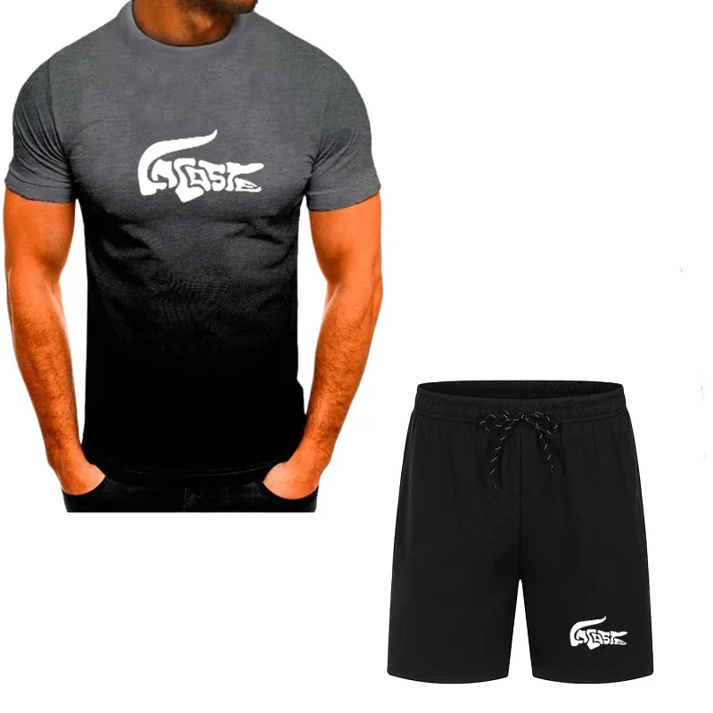 Hot selling summer T-shirt+shorts 2-piece set for men's casual fitness jogging sportswear, hip-hop breathable short sleeved set