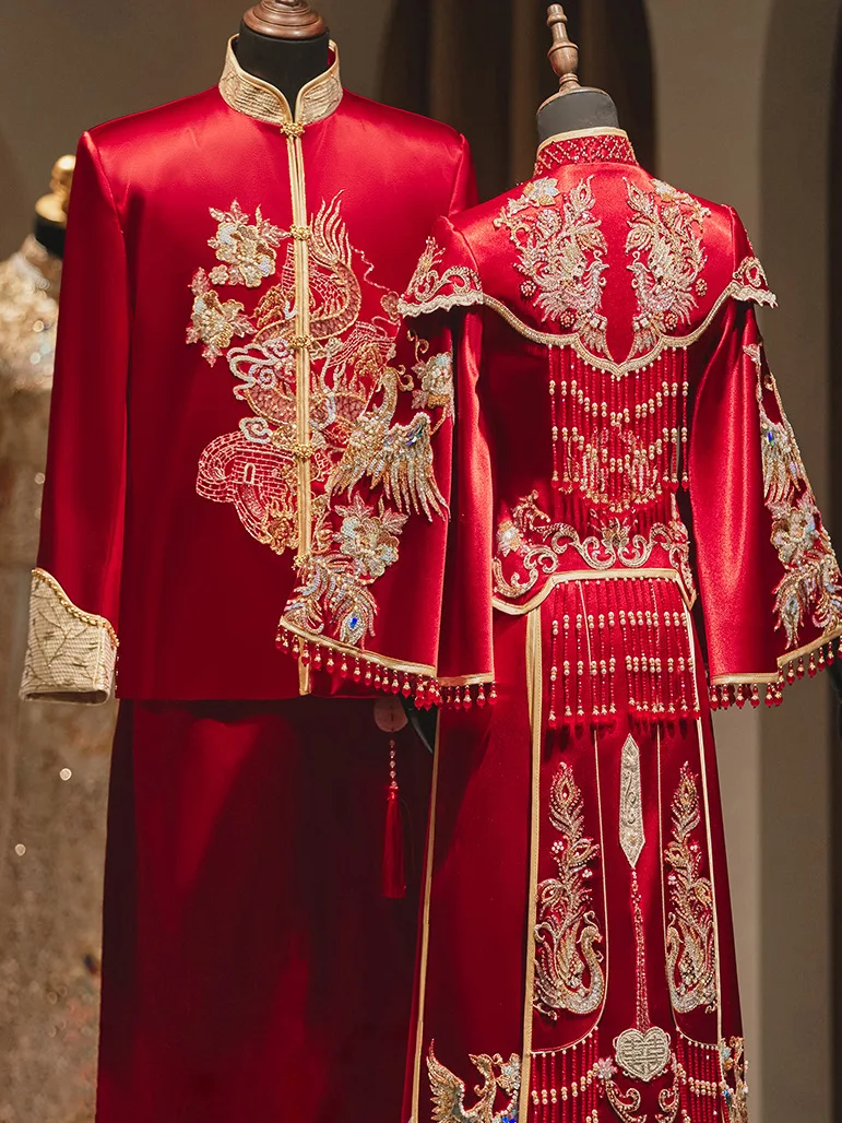 

Chinese Traditional Red Wedding Dress Embroidery Beading Banquet High-Quaity Classic Cheongsam China Qipao костюм для восточных