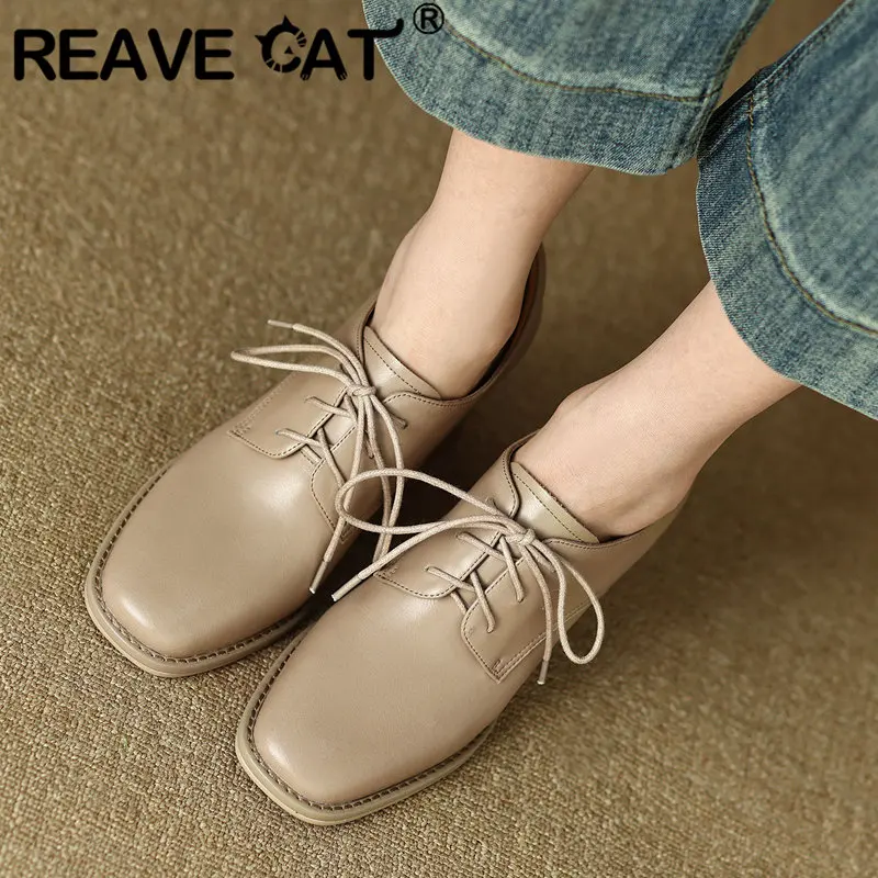 

REAVE CAT Luxury Cow Leather Women Pumps Square Toe Chunky High Heels 7cm Lace Up Plus Size 41 Retro Elegant Dating Female Shoes