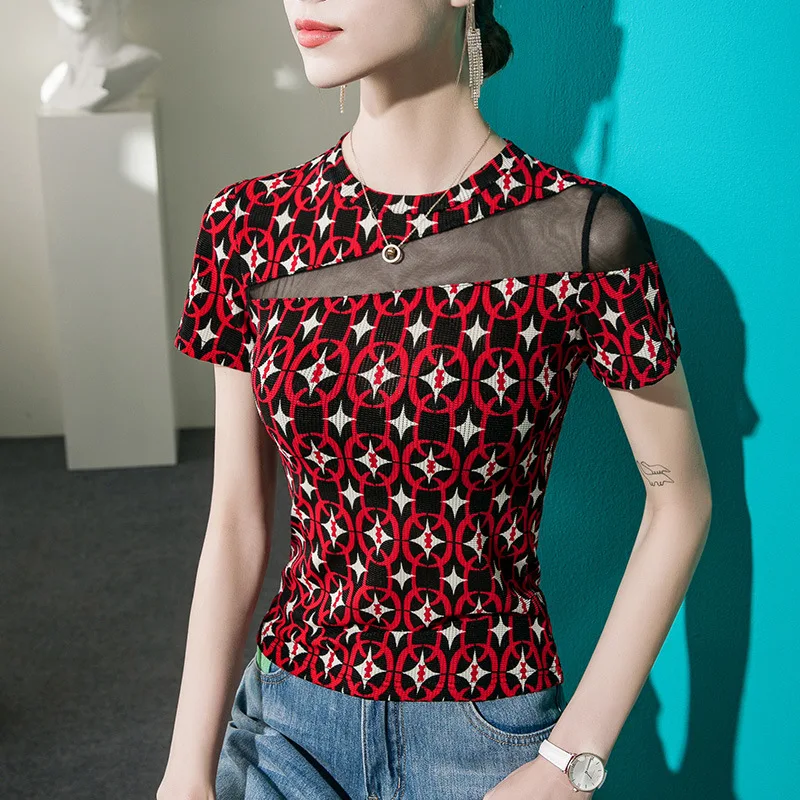 

HIgh Quality 2024 Women Top Gauze Splice Spring Summer T-shirt Female Print Clothing Sexy Crop Top Clothes Casual Blouse Y2k