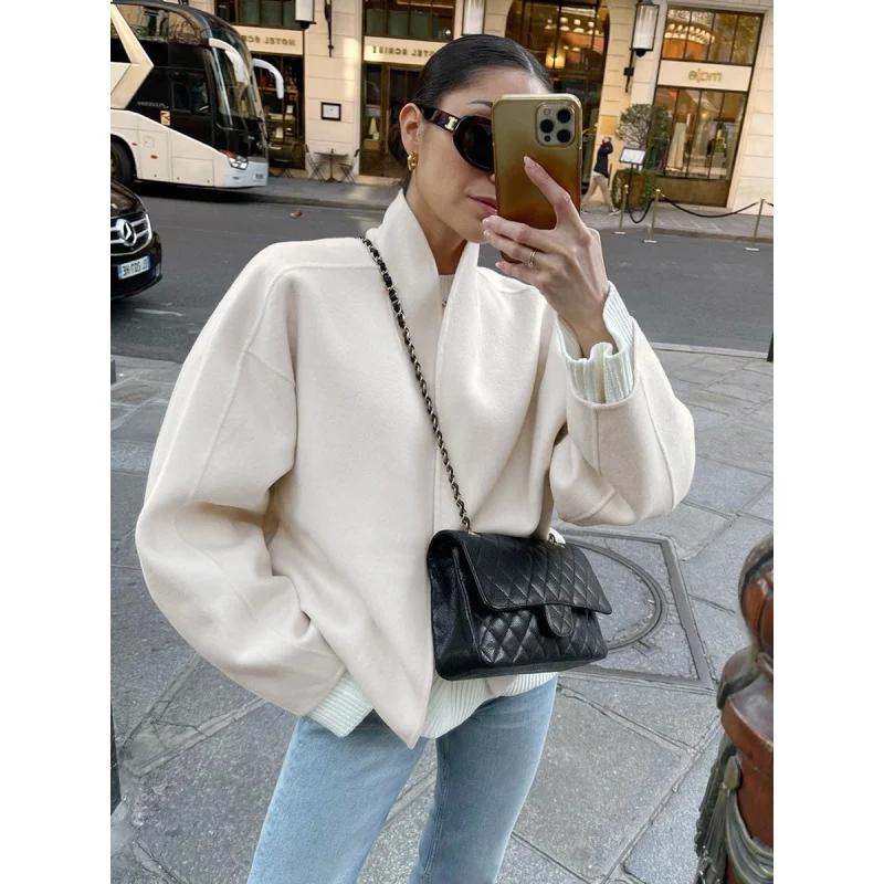 

Beige V-neck Long Sleeve Commute Style Woolen Short Coat 2024 Spring New Fashion Commuter Female Fengsb