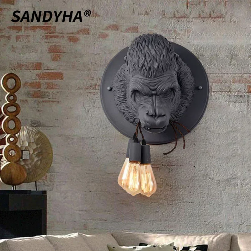 SANDYHA Modern Creative Personalized Resin Gorilla Wall Lamp Retro Animal LED Bedroom Bedside Home Decor Wall Lighting Fixture