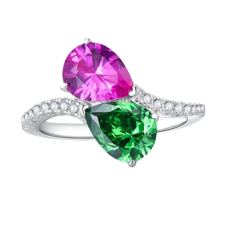 2023 New 925 Silver Droplet High Carbon Diamond 7*9 Pink Diamond Green Diamond Ring Finger Moda Donna Versatile