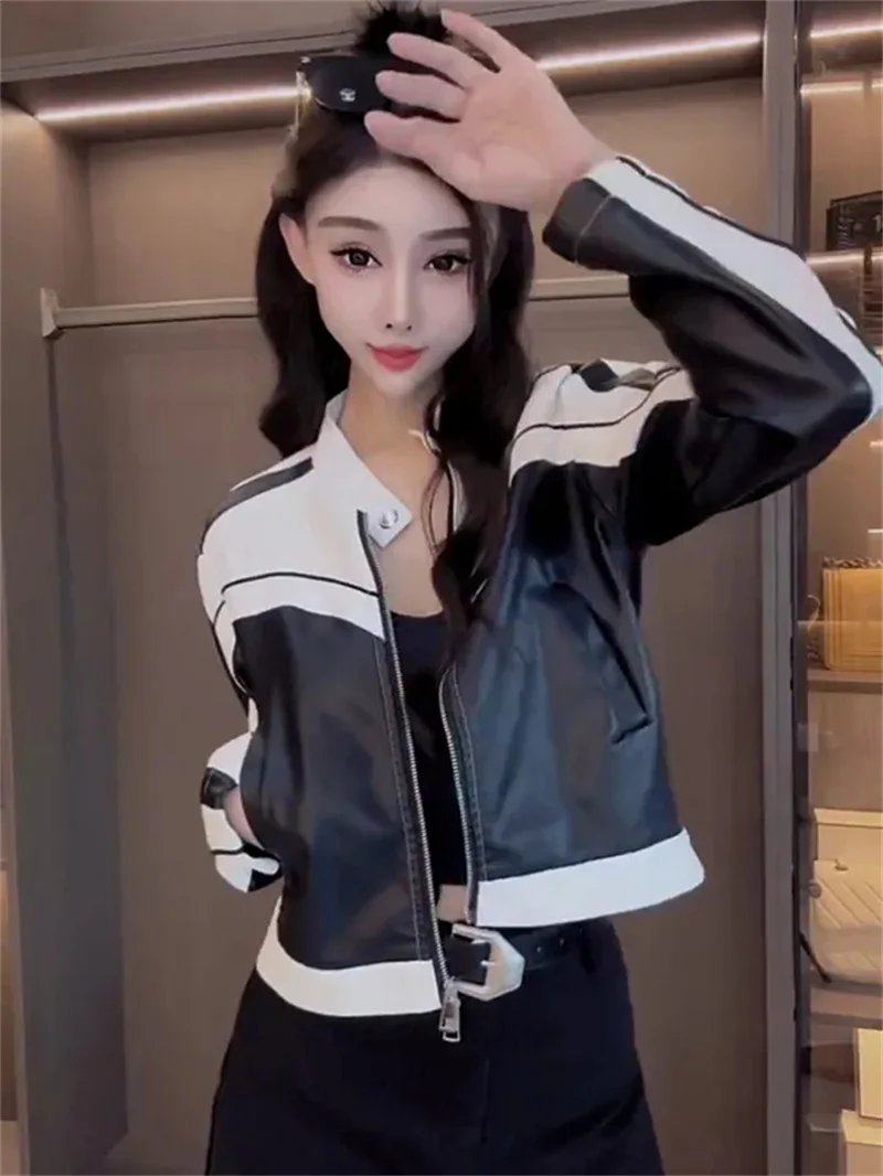 Spring Autumn New Contrast Lines Stitching Pu Leather Coat Women Loose Joker Stand Collar Explosions Short Leather Jacket