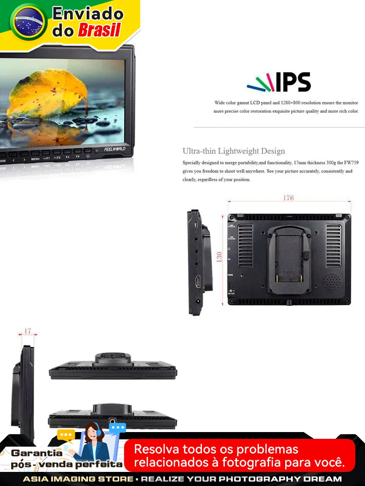 【 Do Brasil 】FEELWORLD FW759 7 Inch DSLR Camera Field Monitor IPS 1280x800 LCD with HDMI AV Input Video Portable for Camera