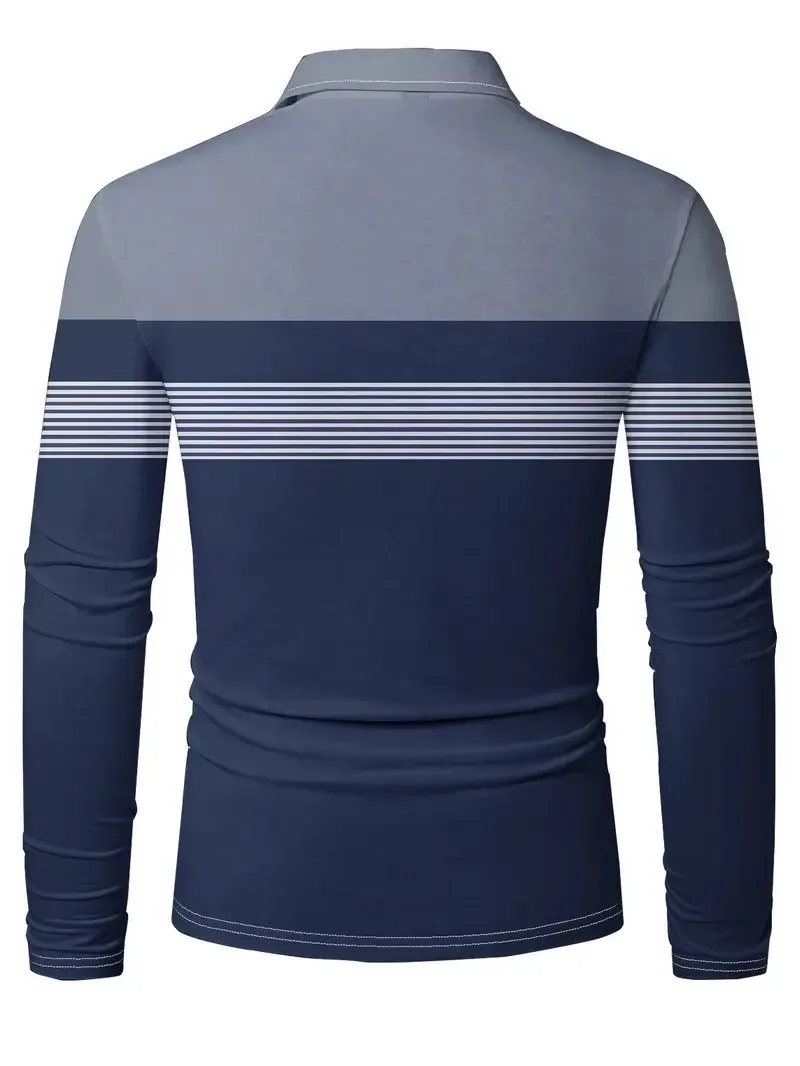 Men’s long sleeve 3D striped breathable casual streetwear polo shirt 6541