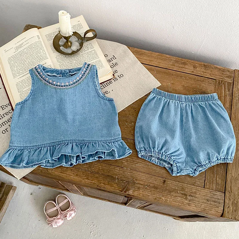 2025 New Summer 0-3Yrs Children Clothes Suit Sleeveless Solid Color Denim Vest+Shorts Newborn Baby Girls Clothing Set 1