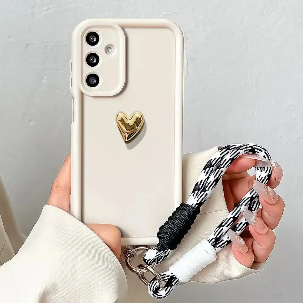 Gold Heart Soft Phone Case with Lanyard for Samsung Galaxy - Back Cover