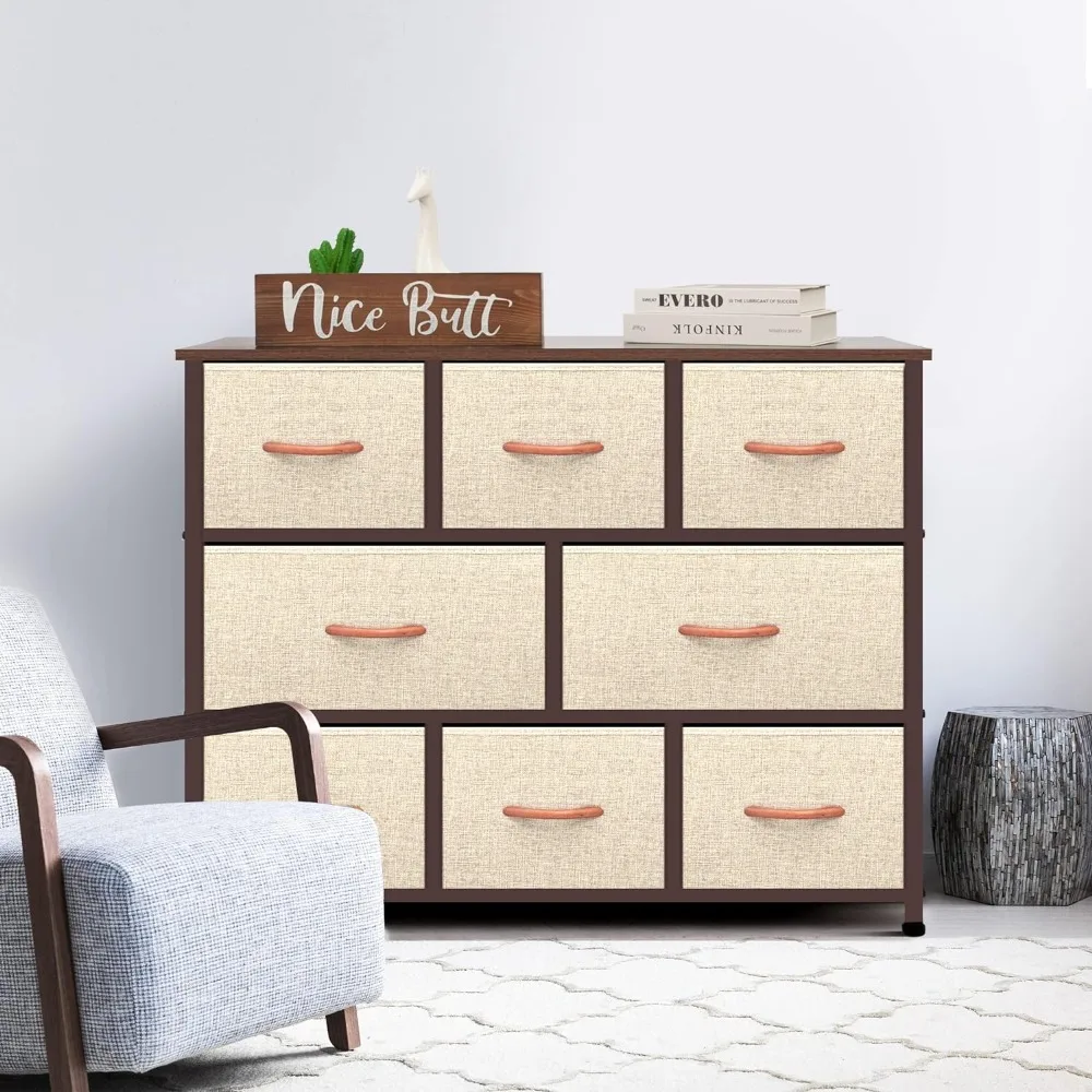 

8-Drawer Dressers Storage Chest for Bedroom, Living Room, Hallway & Nursery with Easy Pull Fabric Bins Wood Top, Beige
