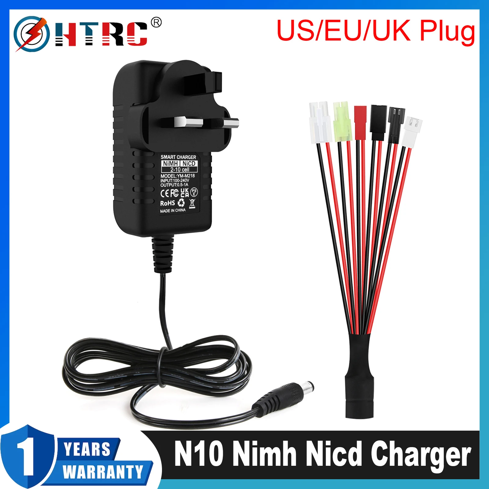 Chargeur de batterie RC universel NiMH NiCd 2-10S 500-800mA, connecteurs de sortie et câble d'alimentation avec prise EU