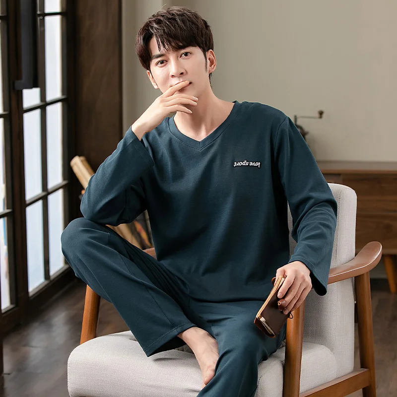 Men's V-Neck Cotton Pajamas Set Autumn Long-Sleeve Tops + Long Pants Nightwear Home Wear Suits Simple Fashion Sleepwear For Male cotton long sleeve pajamas set for men cute green cartoon male sleepwear autumn warm casual home clothes lattice pants pijamas