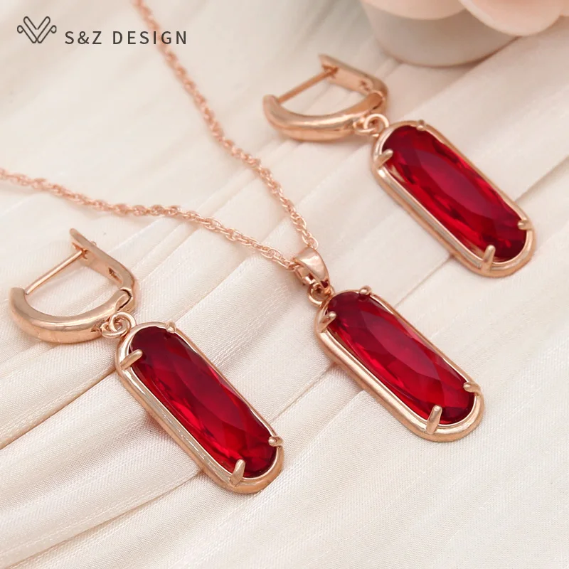 S&Z DESIGN New Fashion 585 Rose Gold Color Egg Shape Oval Cubic Zirconia Dangle Earrings Jewelry Sets For Women Wedding Necklace