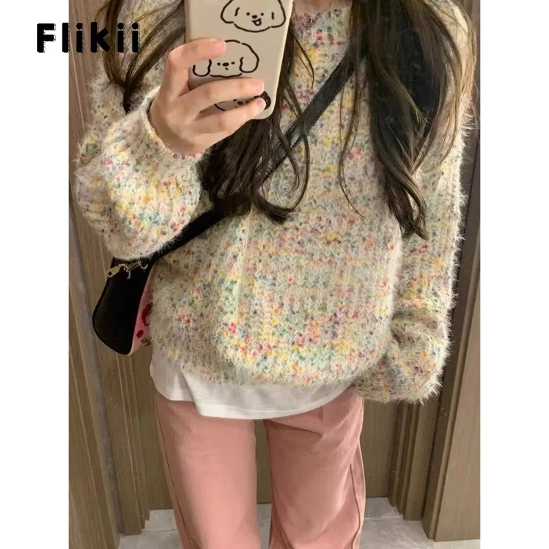 

2023 Autumn Y2K Knitting Sweet Casual Long Sleeve Pullovers Korean Fashion Winter Women Chic Print Round Neck Ladies Sweater