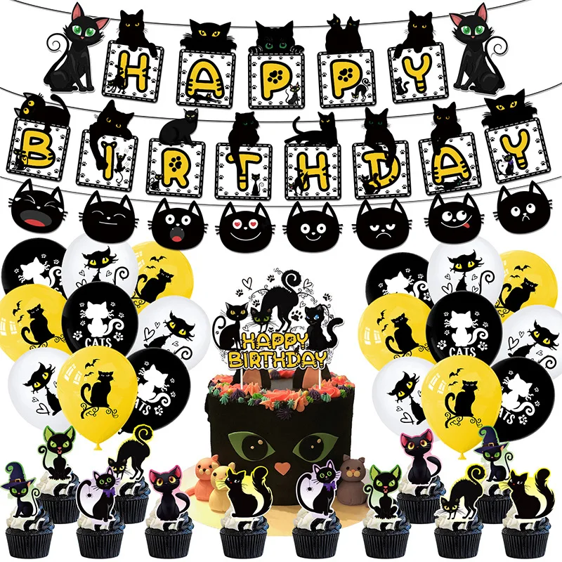 

Halloween Black Cat Theme Birthday Party Decoration Supplies Balloon Pull Flag Banner Layout Cake Row Baby Shower Prop Girl Gift