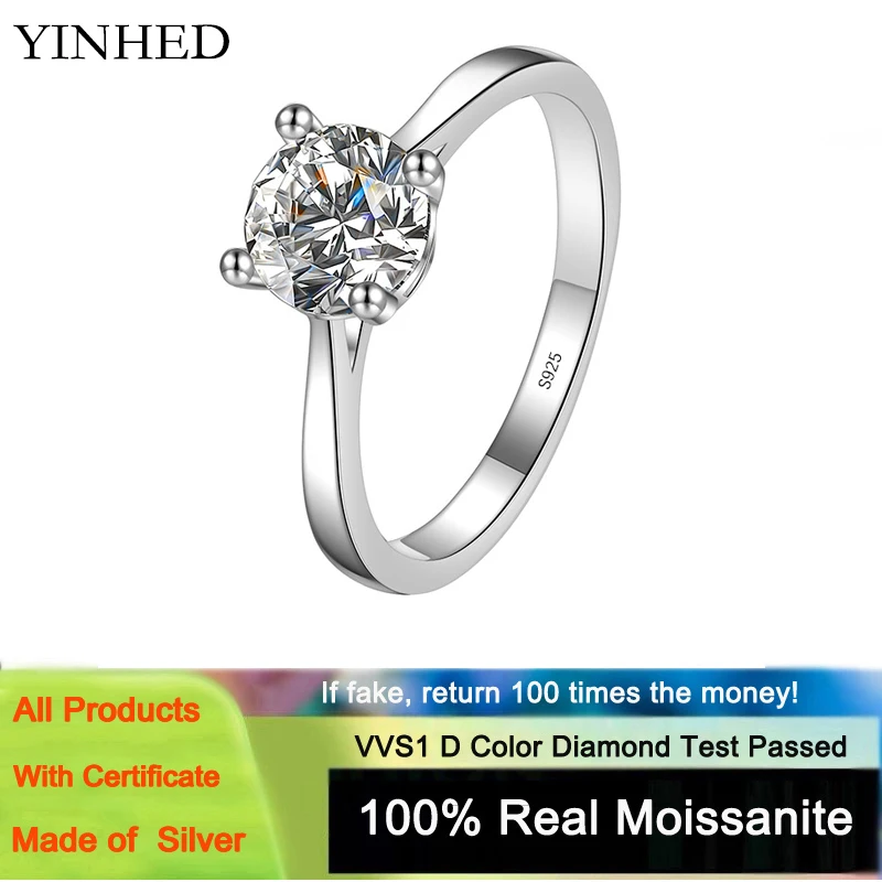 

YINHED 1CT/2CT Real Moissanite Rings Plated 18K White Gold S925 Sterling Silver Woman Wedding Ring Jewelry Pass Diamond Test