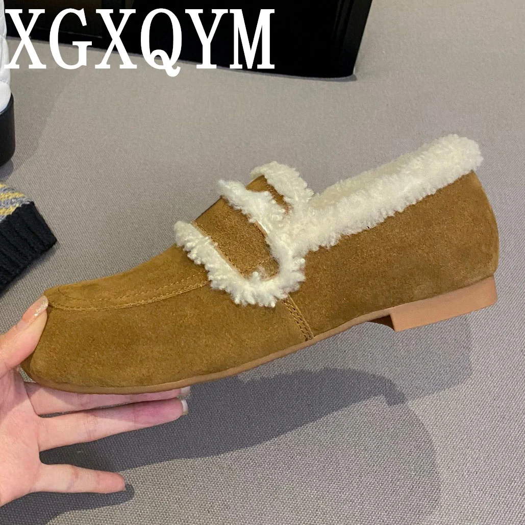 

Wool Warm Shoes Women Autumn Winter Natural Kid Suede Loafers Slip-on Casual Flats Sewing Designer Shoes Round Toe Zapatillas
