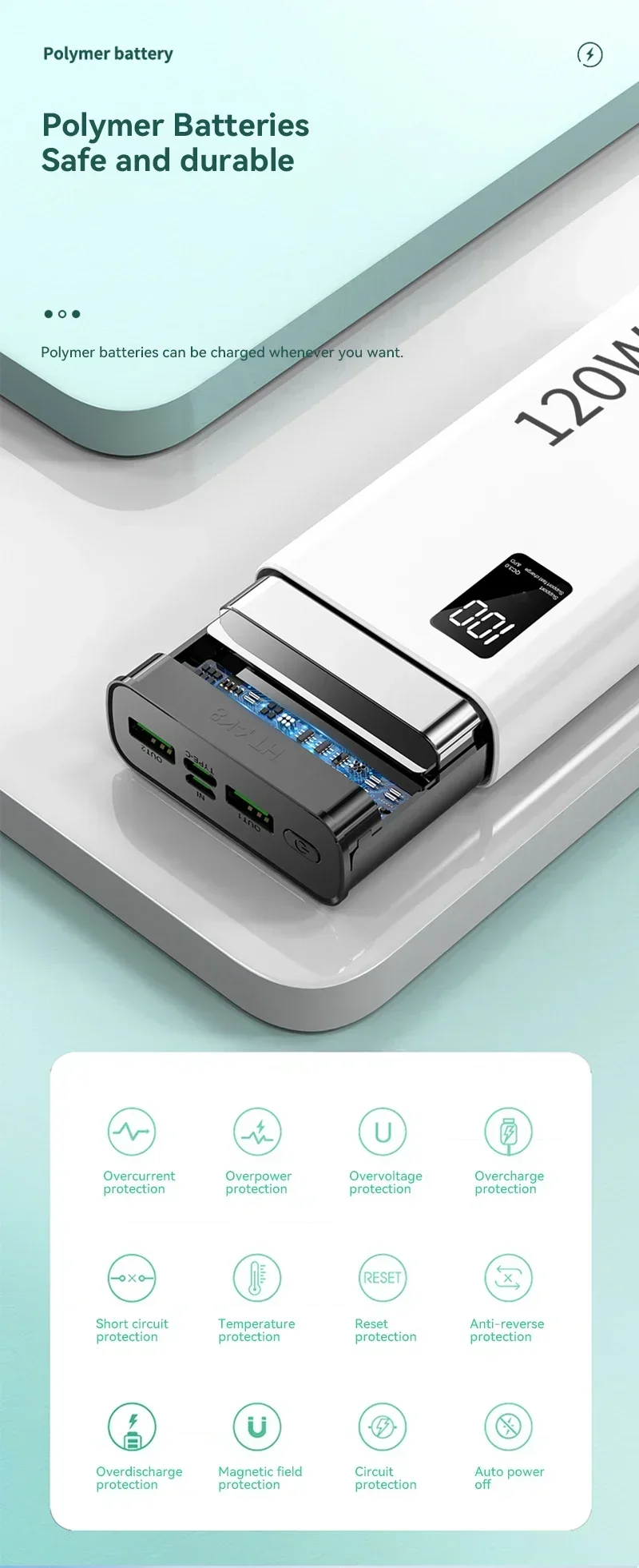 120W Power Bank 200000mAh High Capacity Fast Charging Portable Battery Charger F