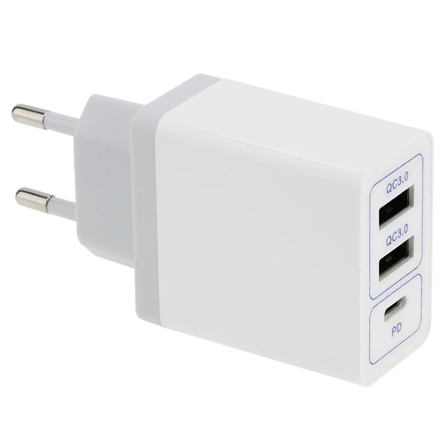 Enchufe De La Ue Cargador Usb De 3 Puertos Qc3.0 Adaptador De Carga Rápida  Para Teléfono De Pared (Blanco)