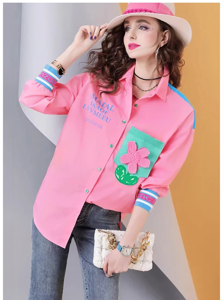 ربيع جديد جودة عالية 100% القطن المرأة طويلة الأكمام قميص فضفاض خياطة بلوزة غير رسمية للنساء