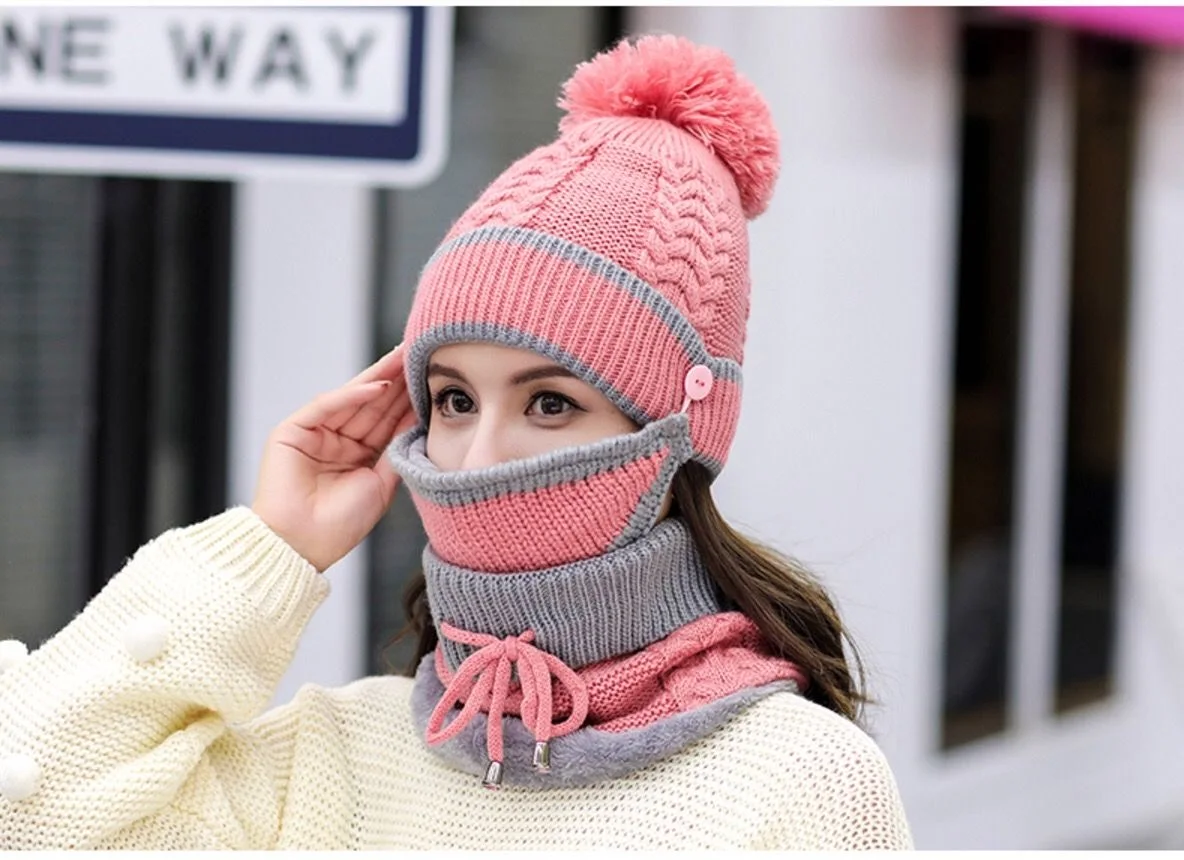 

Winter Cashmere Balaclava With Bear Ear Hat Scarf Gloves Set 3 In 1 Women Cute Beanies Caps Hood Warm Thick Plush Solid Color