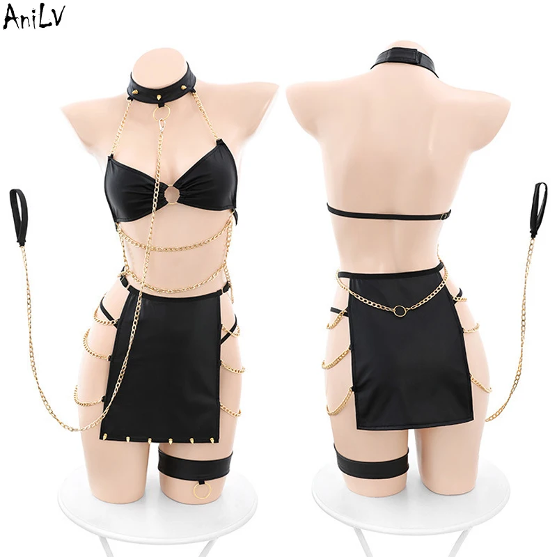 

AniLV Golden Chain Dress Traction Rope Temperament Uniform Women Sexy Matte Rrivet Skirt Pajamas Outfit Costumes