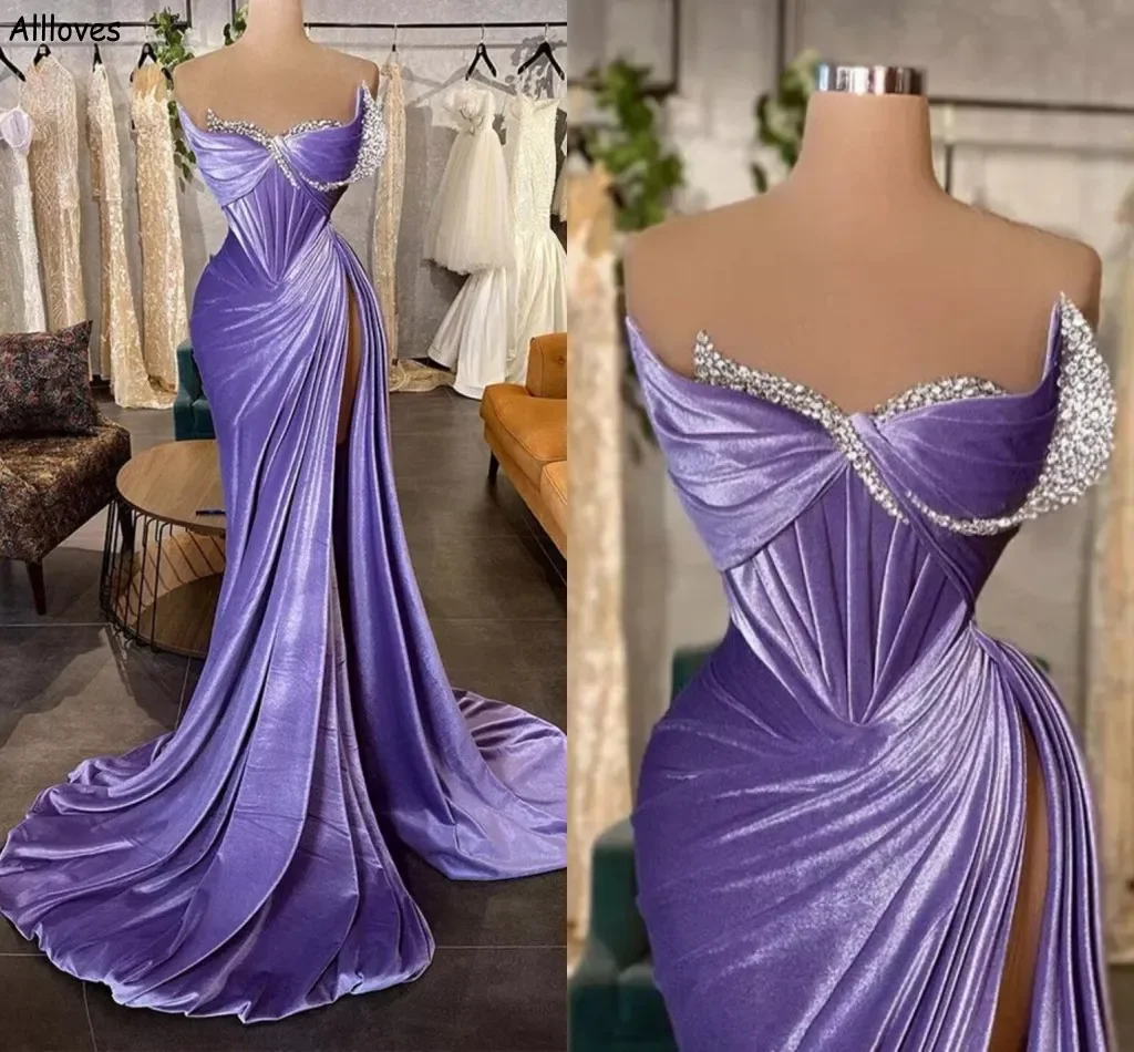 

Lavender Velvet Prom Dresses Dubai Arabic Mermaid Women Party Gowns Pleated Sparkly Crystals High Split Sexy Formal Evening Gown