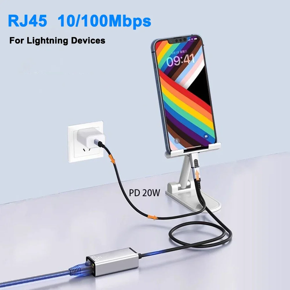 10/100Mbps RJ45 for Lightning iPhone 14 13 12 11 8 7 6 5 /iPad/iPod Ethernet LAN Network Adapter with Charging Adapter Port 20W