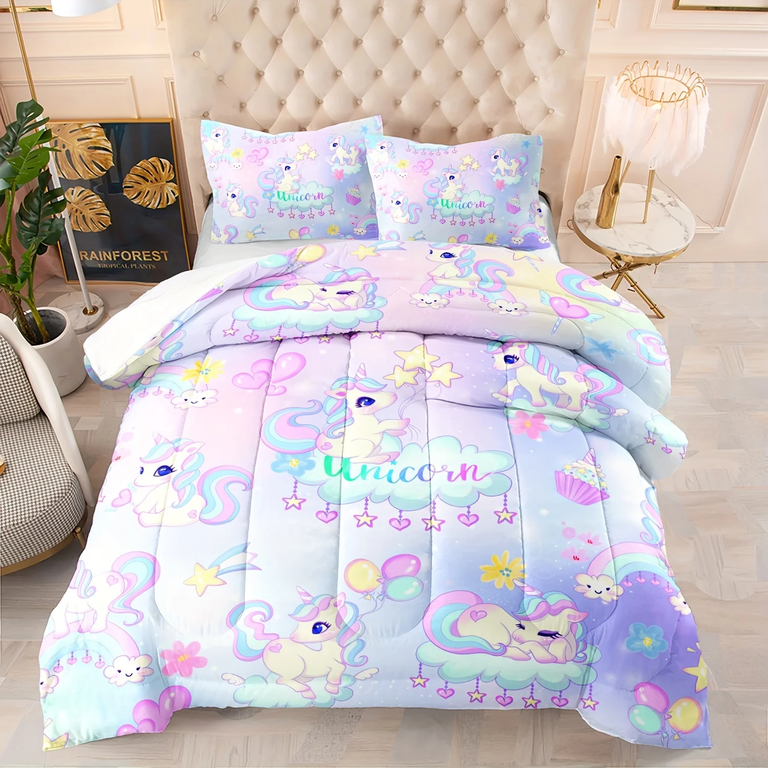 

3Pcs Unicorn Comforter Set White Cloud Star Love Heart Pattern Quilt Balloon Bedding Set for Boys Girls with 1 Comforter and 2 P