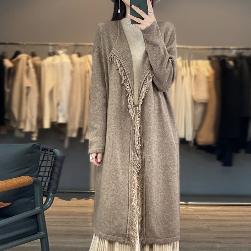 

100% Wool Cashmere Women's Cardigan Sweater Casual Loose Large Size V-Neck Knitted Long Sleeve High End Sweater Coat New Patter