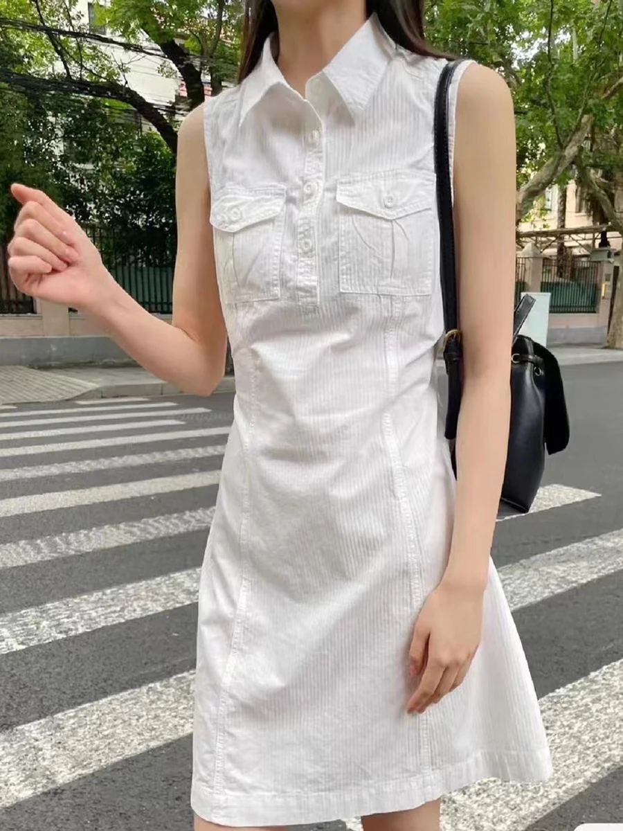 

Casual Women White Cargo Pocket Dress Summer Solid A-line Sleeveless Tank Tops Female Streetwear Vintage Lace-up Dresses