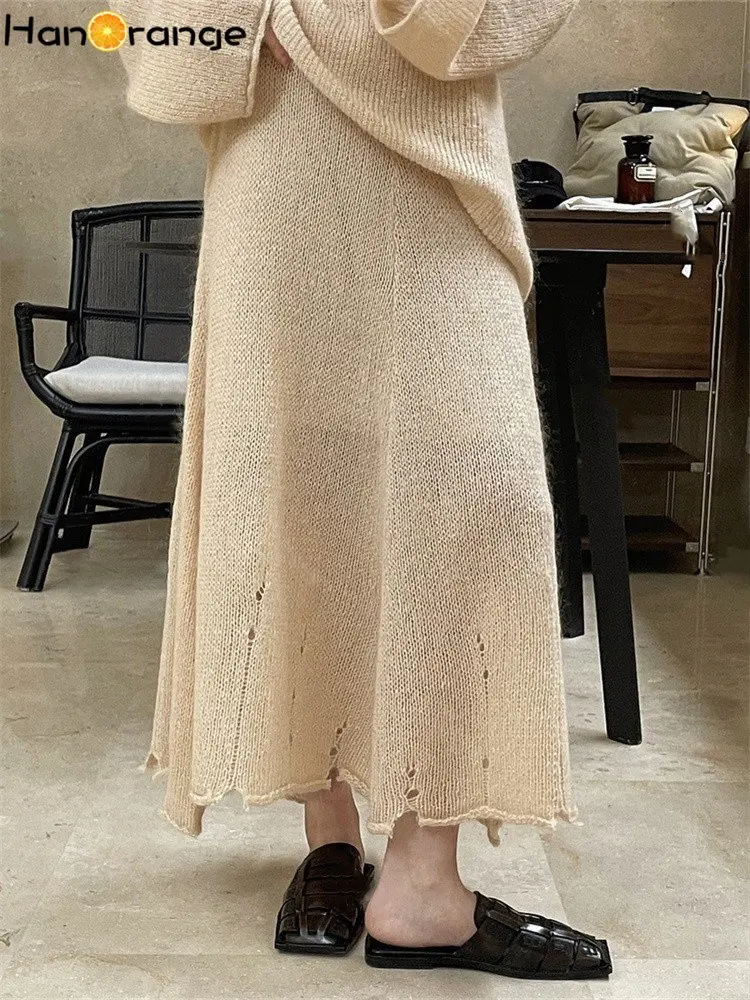 

HanOrange 2024 Spring Mohair Fluffy Irregular Hollow-out Skirt Loose Wool Midi Skirt Apricot/Orange