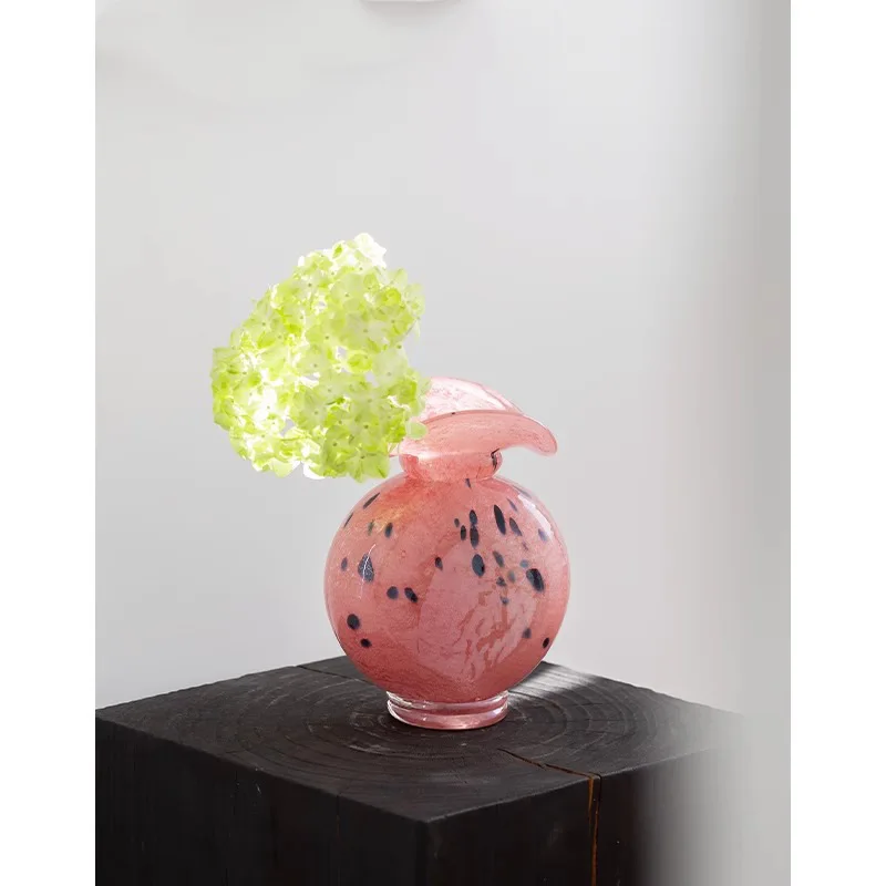 مزهرية زجاجية فرنسية عتيقة لطاولة غرفة المعيشة - تصميم فاخر منقط وردي، قطعة مركزية أنيقة على شكل زهور، مصنوعة يدويًا في منتصف C