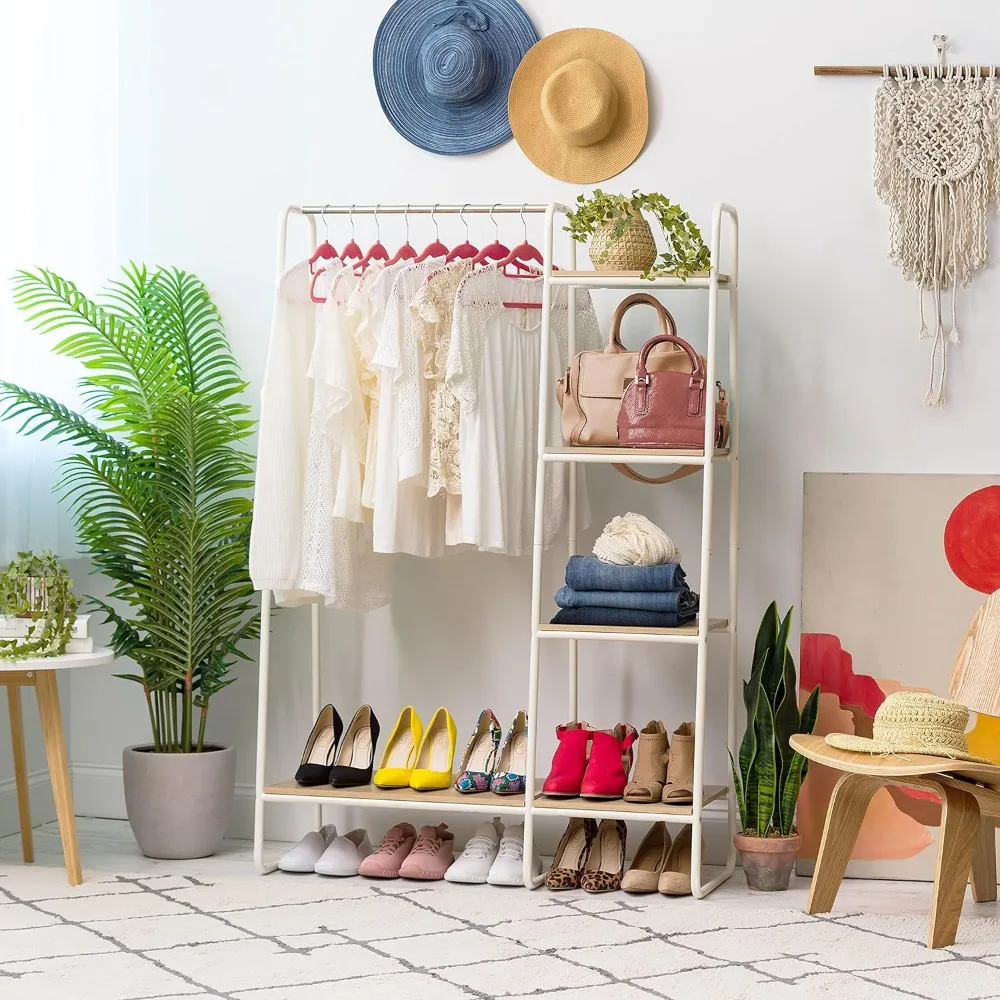 

Metal Shoe Garment Rack with Wood Shelves, White and Light Brown