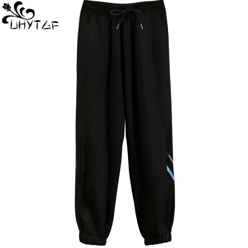 

UHYTGF Spring Summer Thin Casual Pants For Women Korean Hollowed-Out Splicing Sports Bundle Feet Student Female Nine-Point Pants