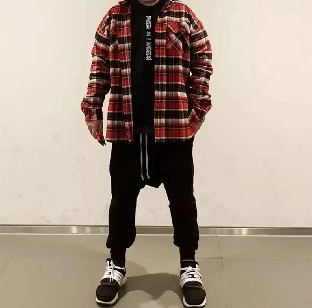 Kanye Vintage Cowboy Collar Plaid Shirt Men Streetwear Urban Oversize Casual Long Sleeve Checkered Shirts Outwear Unisex Clothes